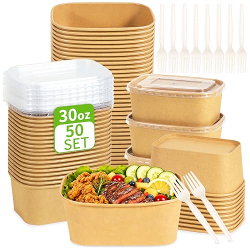 FEHHTO 50-Pack 30oz Disposable Meal Prep Containers【with Lids and Forks】, Compostable Kraft Paper Bowls To Go Food Containers, Microwave & Freezer Safe for Hot & Cold Foods - Image 1