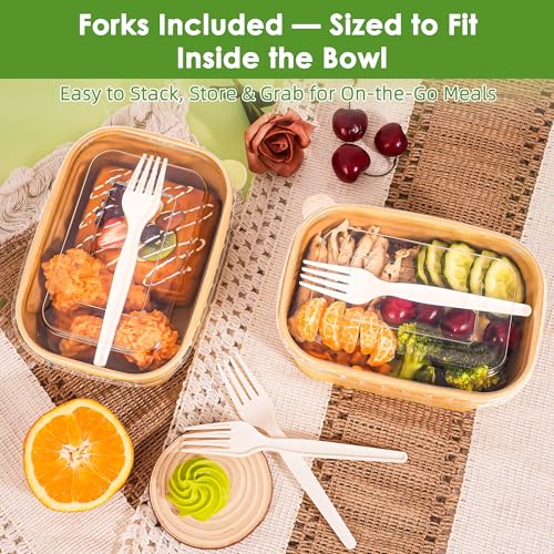 FEHHTO 50-Pack 30oz Disposable Meal Prep Containers【with Lids and Forks】, Compostable Kraft Paper Bowls To Go Food Containers, Microwave & Freezer Safe for Hot & Cold Foods - Image 3