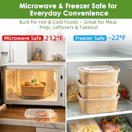 FEHHTO 50-Pack 30oz Disposable Meal Prep Containers【with Lids and Forks】, Compostable Kraft Paper Bowls To Go Food Containers, Microwave & Freezer Safe for Hot & Cold Foods - Image 5