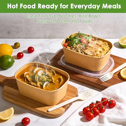 FEHHTO 50-Pack 30oz Disposable Meal Prep Containers【with Lids and Forks】, Compostable Kraft Paper Bowls To Go Food Containers, Microwave & Freezer Safe for Hot & Cold Foods - Image 4