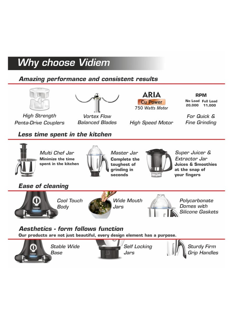 VIDIEM - Vidiem mixer grinder 608 A Tusker, mixer grinder 750 watt with 3 jars and 1 juicer mixer grinder, 1 multi chef, 4 leakproof jars with self-lock for wet and dry spices, chutneys - Image 1
