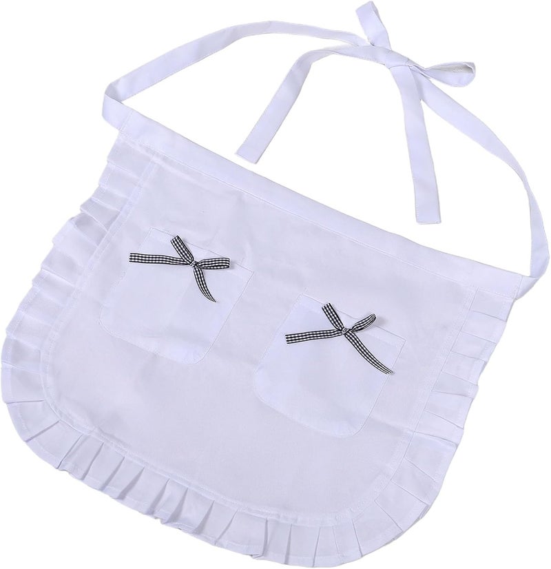 FAVOMOTO Lace Half Waist Apron with Floral Edging, White and Black Striped Bow Kitchen Cooking Apron for Women Waitresses and Restaurant Use - Image 1