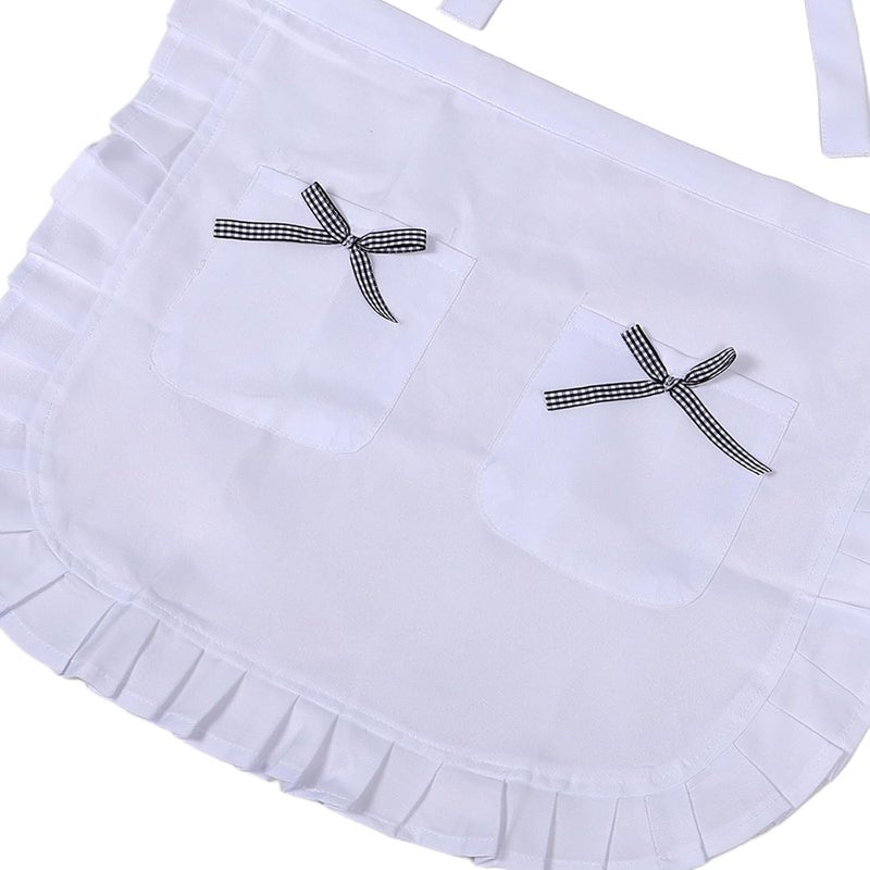 FAVOMOTO Lace Half Waist Apron with Floral Edging, White and Black Striped Bow Kitchen Cooking Apron for Women Waitresses and Restaurant Use - Image 3