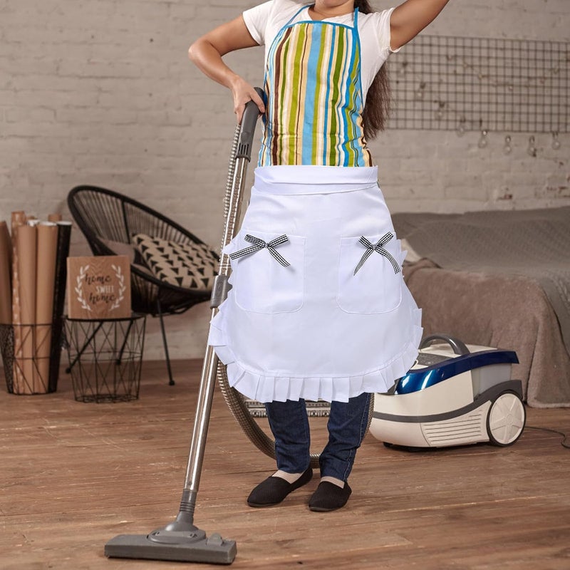 FAVOMOTO Lace Half Waist Apron with Floral Edging, White and Black Striped Bow Kitchen Cooking Apron for Women Waitresses and Restaurant Use - Image 5