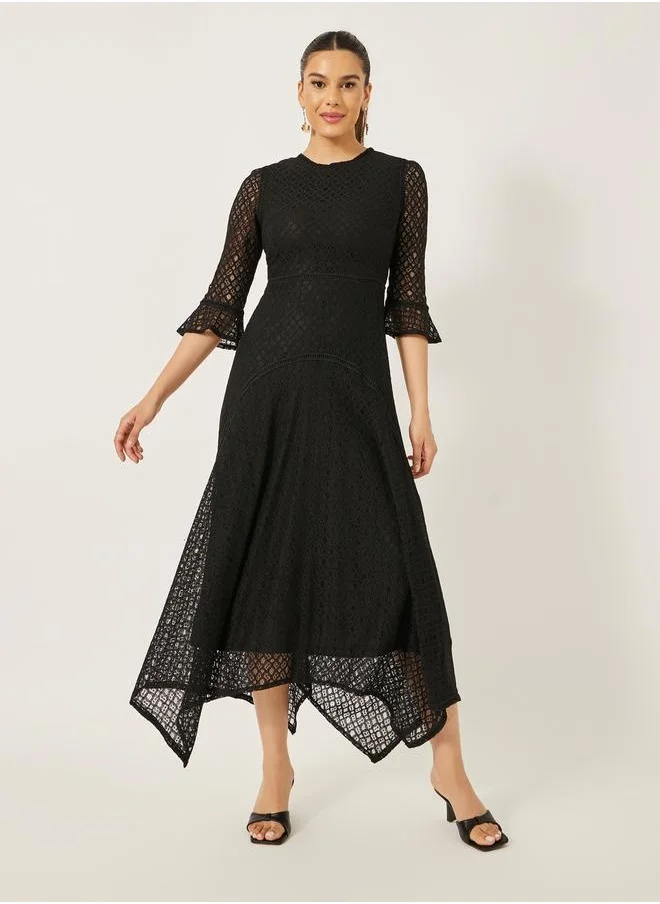 ستايلي Lace Insert Ruffle Sleeve Asymmetric Hem A-Line Midi Dress