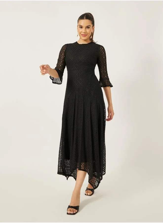 Styli Lace Insert Ruffle Sleeve Asymmetric Hem A-Line Midi Dress