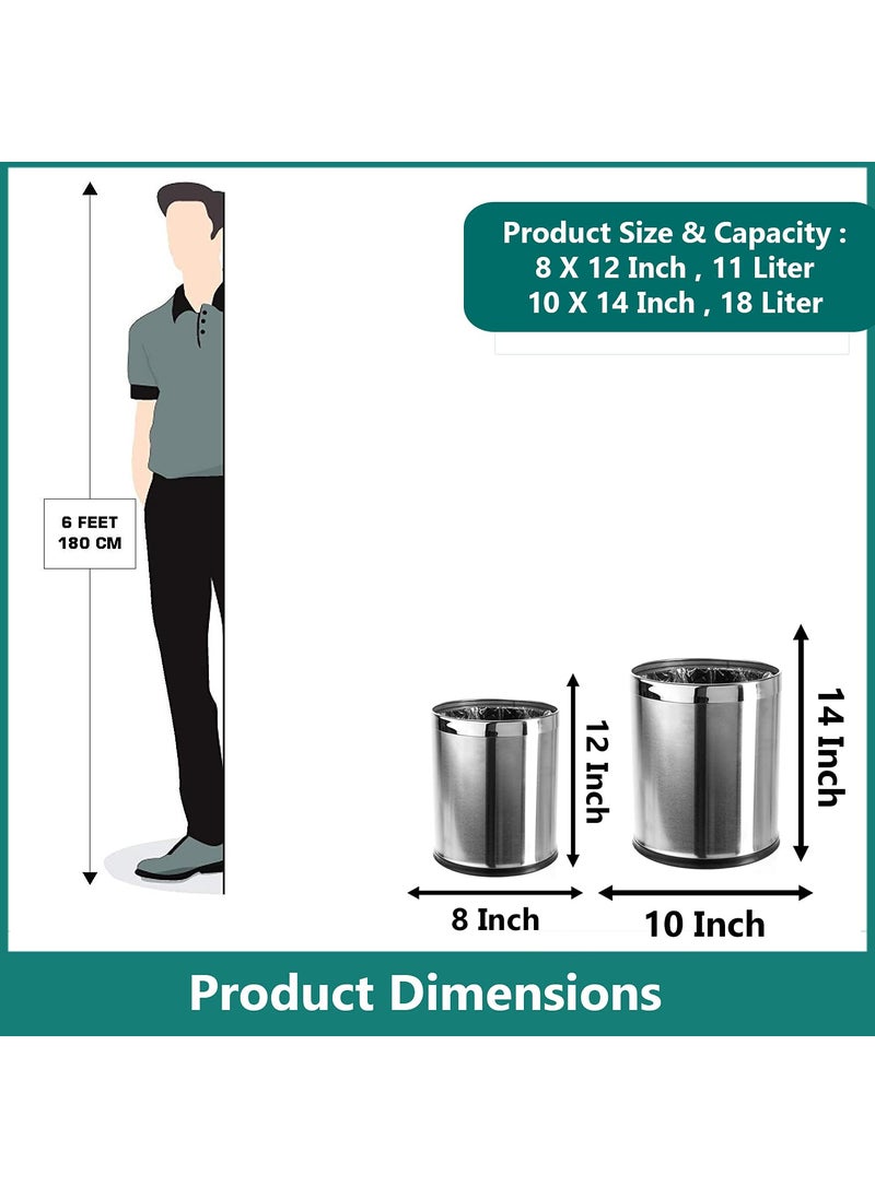 mofna Mofna Stainless Steel Solid Open DustbinStainless Steel Garbage BinMedium and Large 11 Litre 8X12 18 Litre 10 X 14 Set of 2 Pcs  - Image 2