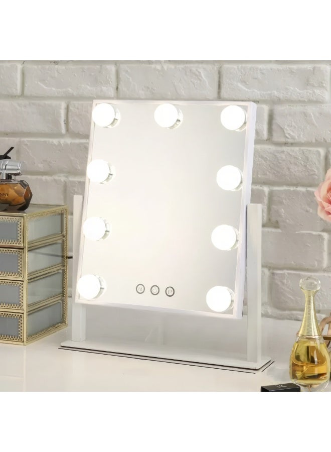 CAZADORA LUKSYOL Hollywood Makeup Mirror with Lights – Stylish large vanity mirror for makeup and grooming. Features 3 color light modes: warm, natural, and cool, with 9 dimmable LED bulbs for perfect lighting without harsh shadows. Smart touch control screen allows smooth switching between brightness levels and light settings. Designed with 360-degree rotation for flexible angle adjustment, ideal for everyday makeup routines and professional use. Constructed from high-quality polished metal for durability and elegance. Compact size: 29cm width, 36.5cm height, 6cm depth, fits easily on any vanity table. Powered via USB for convenience and energy efficiency. Available in black and white colors to match any décor style. Perfect gift for women, makeup artists, and beauty enthusiasts on special occasions like birthdays, holidays, or anniversaries. Elevate your beauty setup with this elegant and functional mirror from CAZADORA. A must-have for modern dressing rooms and vanity spaces. - Image 1