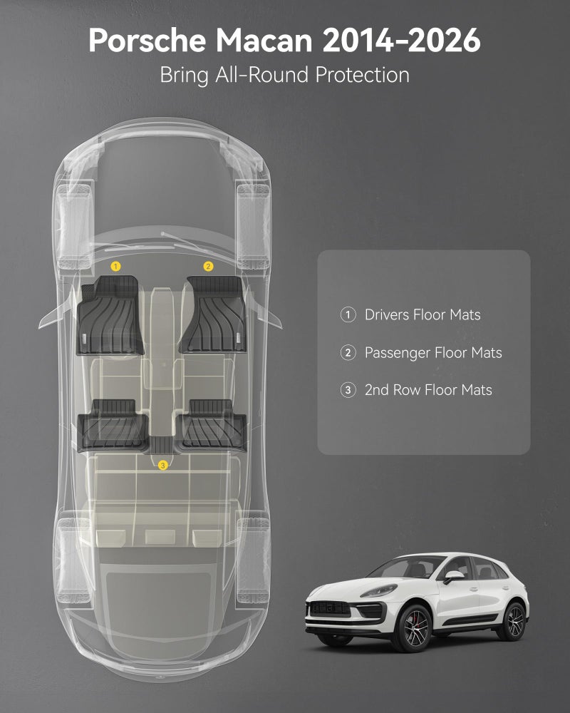 3W Floor Mats Compatible for Porsche Macan 2014-2025 2026 TPE All Weather Custom Fit Floor Liner 1st and 2nd Row Car Mats Black - Image 2