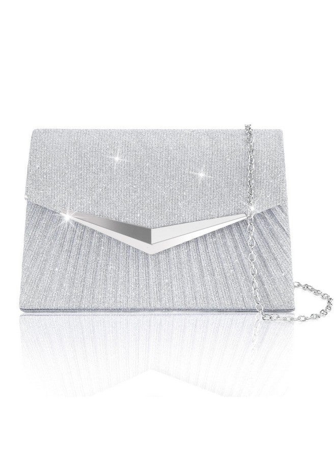 Larcenciel Women'S Evening Handbags Sparkly Pleated Silver Evening Purse With Metal Chain Elegant Sequins Clutch Purses For Wedding Guest Formal Cocktail Prom Party Disco Club 8.3X2.1X5.3Inches - Image 1