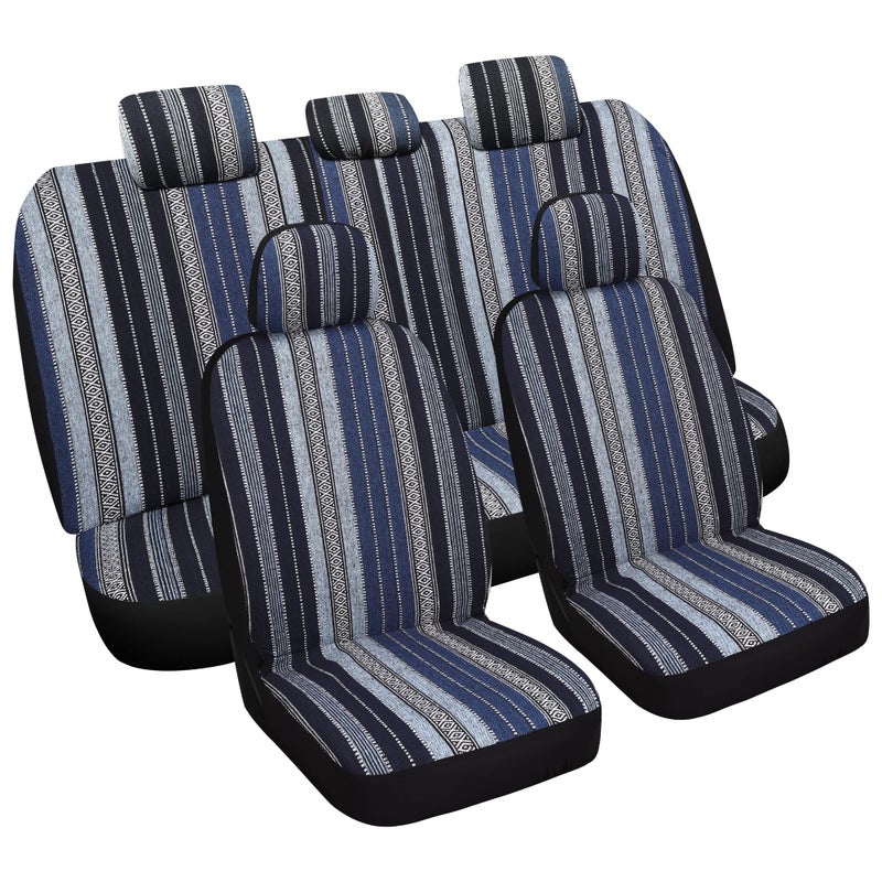 VarCozy Baja Saddle Blanket Seat Covers Full Set Front Seat Covers and Split Rear Bench Seat Covers for Sedan SUV Truck Universal Stripe Woven Automotive Seat CoverBreathable Airbag Compatible