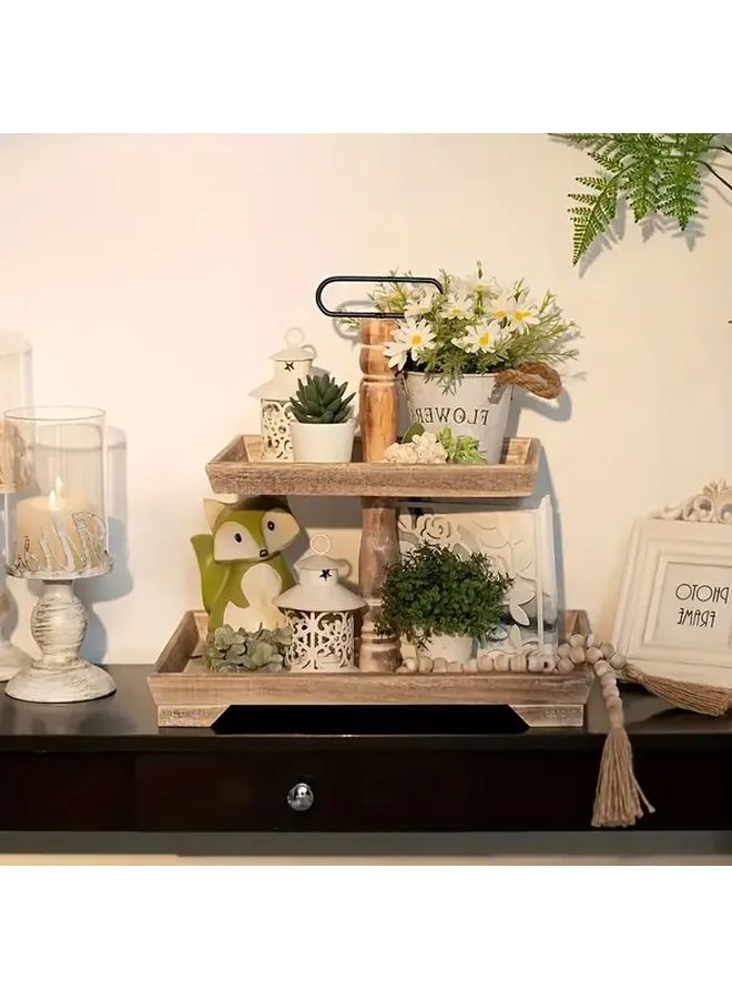 2 Tier Rustic Wooden Display Shelf With Floral Accents Do Old Color For Home Decor - Image 2