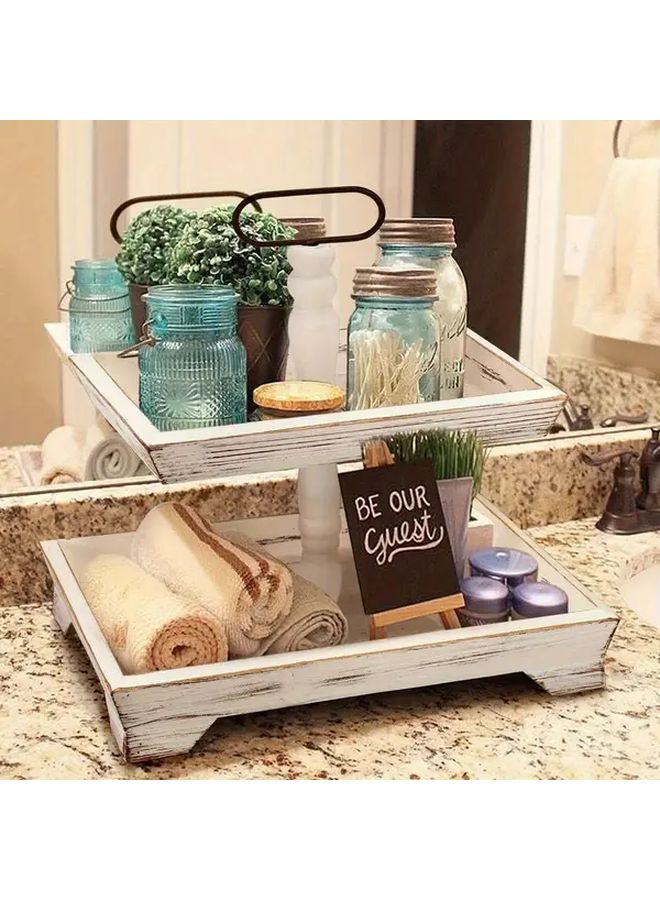 2 Tier Rustic Wooden Display Shelf With Floral Accents Do Old Color For Home Decor - Image 5