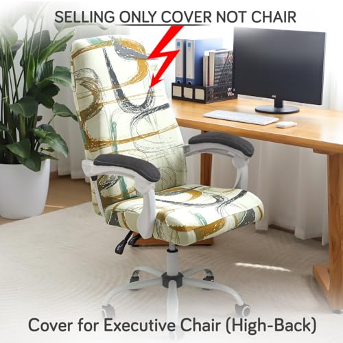 HOKIPO 'Elira Series' Office Chair Cover for Executive Chair (High-Back) - 140 GSM Stretchable Fabric - Anti-Slip - Fits Big & Tall Office Chairs, Parchement Beige Abstract Art (AR-5222-C6-L) - Image 2