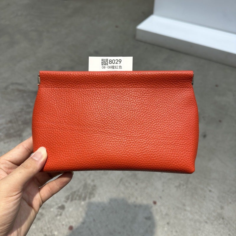 Korean Style Genuine Leather Cosmetic Bag Large Top Layer Cowhide Storage Bag Self-Closing Shrapnel Women'S Clutch Soft Leather Square Bag - Image 1