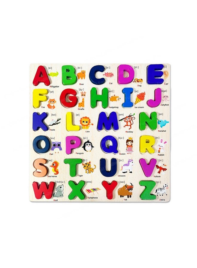 FunBlastWooden Capital Alphabet Puzzles with Pictures for Children - Montessori Educational Learning ABC Letters Puzzle Board Toy, Pre-School Learning Kit (Multicolor) - Image 1