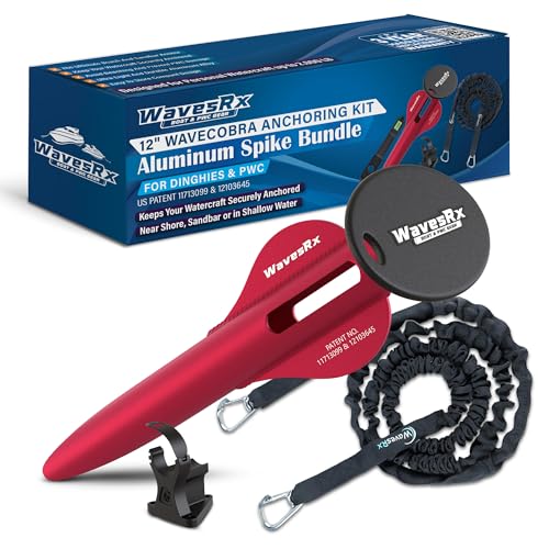 WAVESRX Beach Anchoring Bundle for PWC | 12" WaveCobra Aluminum Spike Stern Anchor + 7ft AnchorMate Flat Bungee (Stretches to 14ft) | Ultra-Light Patented Design Keeps Your Jet Ski Securely Anchored - Image 1