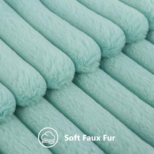 decorUhome Summer Cozy Faux Fur Throw Pillow Covers 18x18 Set of 2 Decorative Soft Plush Striped Modern Farmhouse Boho Couch Pillow Cases with Velvet Back for Sofa Bed Living Room Aqua - Image 3