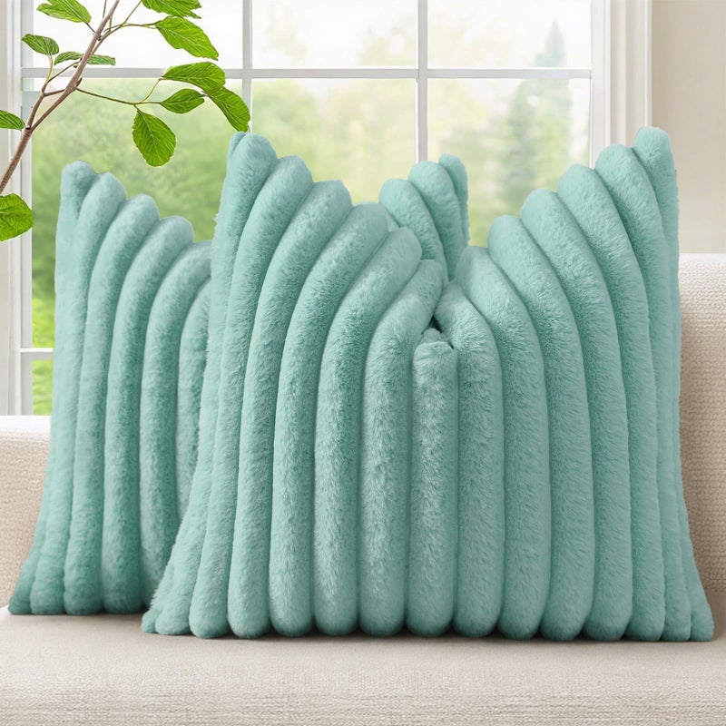 decorUhome Summer Cozy Faux Fur Throw Pillow Covers 18x18 Set of 2 Decorative Soft Plush Striped Modern Farmhouse Boho Couch Pillow Cases with Velvet Back for Sofa Bed Living Room Aqua - Image 2