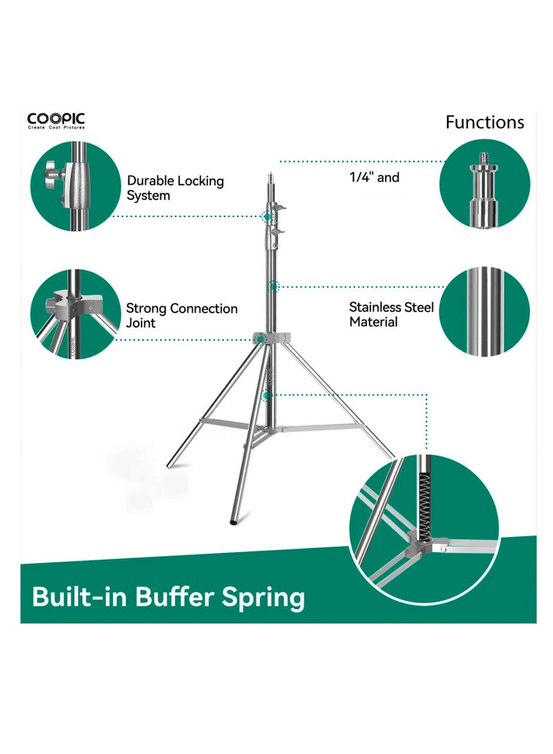 COOPIC L-280MF Heavy Duty Tripod Light Stand - 280cm Max Height, Silver, 3 Sections (25mm, 30mm), 1/4" Screw, Built-In Buffer Spring, Compatible with Most Studio Lights - Image 3