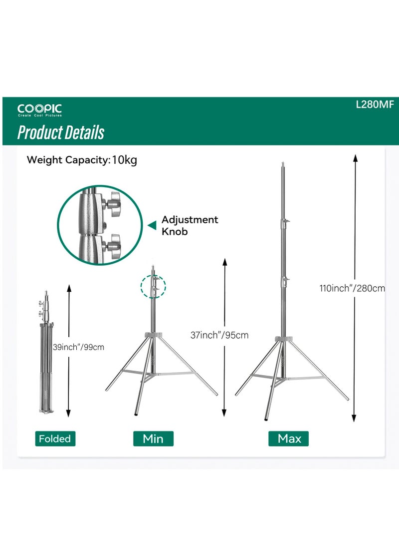 COOPIC L-280MF Heavy Duty Tripod Light Stand - 280cm Max Height, Silver, 3 Sections (25mm, 30mm), 1/4" Screw, Built-In Buffer Spring, Compatible with Most Studio Lights - Image 4
