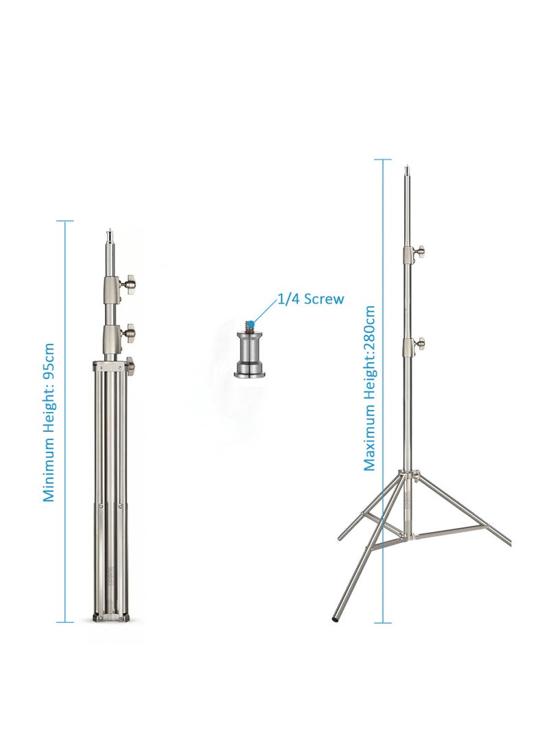 COOPIC L-280MF Heavy Duty Tripod Light Stand - 280cm Max Height, Silver, 3 Sections (25mm, 30mm), 1/4" Screw, Built-In Buffer Spring, Compatible with Most Studio Lights - Image 5
