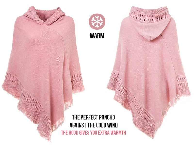 Ferand Ladies' Hooded Cape with Fringed Hem, Crochet Poncho Knitting Patterns for Women, Pink - Image 3