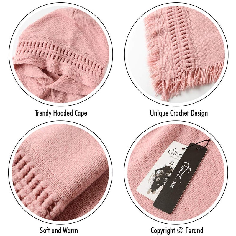 Ferand Ladies' Hooded Cape with Fringed Hem, Crochet Poncho Knitting Patterns for Women, Pink - Image 4