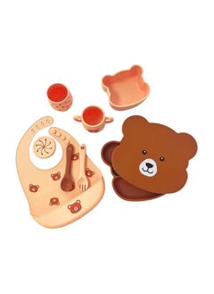 Twisoo Twisoo 7-Piece Bear Face Silicone Kids Food Plate Set with Cups & Spoons, BPA-Free Toddler Tableware, Brown  - Image 1