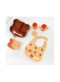 Twisoo Twisoo 7-Piece Bear Face Silicone Kids Food Plate Set with Cups & Spoons, BPA-Free Toddler Tableware, Brown  - Image 3