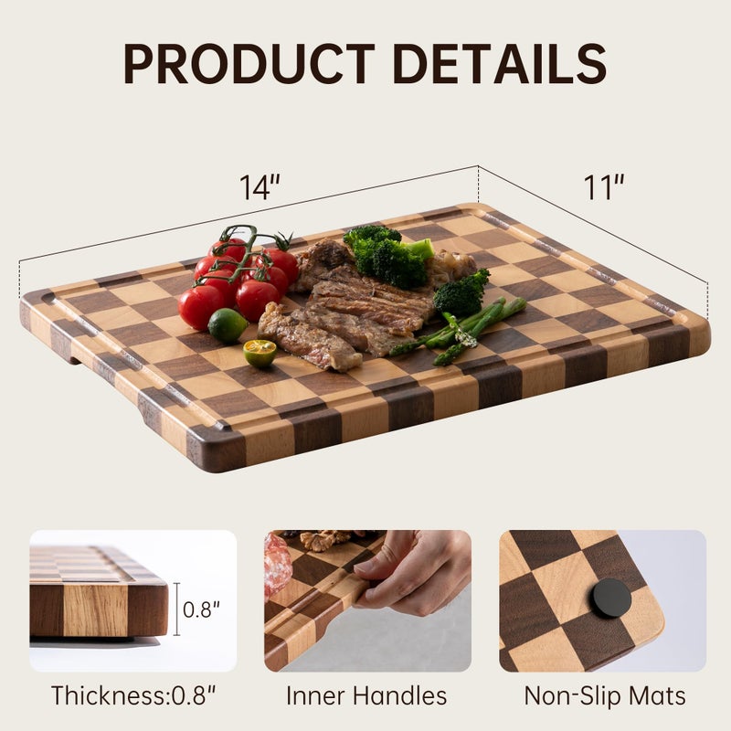 Fyctio Checkerboard Cutting Board, Wooden Cutting Boards for Kitchen, End Grain Wood Cutting Board with Juice Groove, Serving Tray for Meat, Vegetables, Fruits, Bread, Cheese, 14" X 11" X 0.8" - Image 3