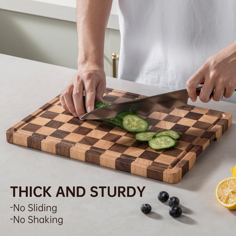 Fyctio Checkerboard Cutting Board, Wooden Cutting Boards for Kitchen, End Grain Wood Cutting Board with Juice Groove, Serving Tray for Meat, Vegetables, Fruits, Bread, Cheese, 14" X 11" X 0.8" - Image 2