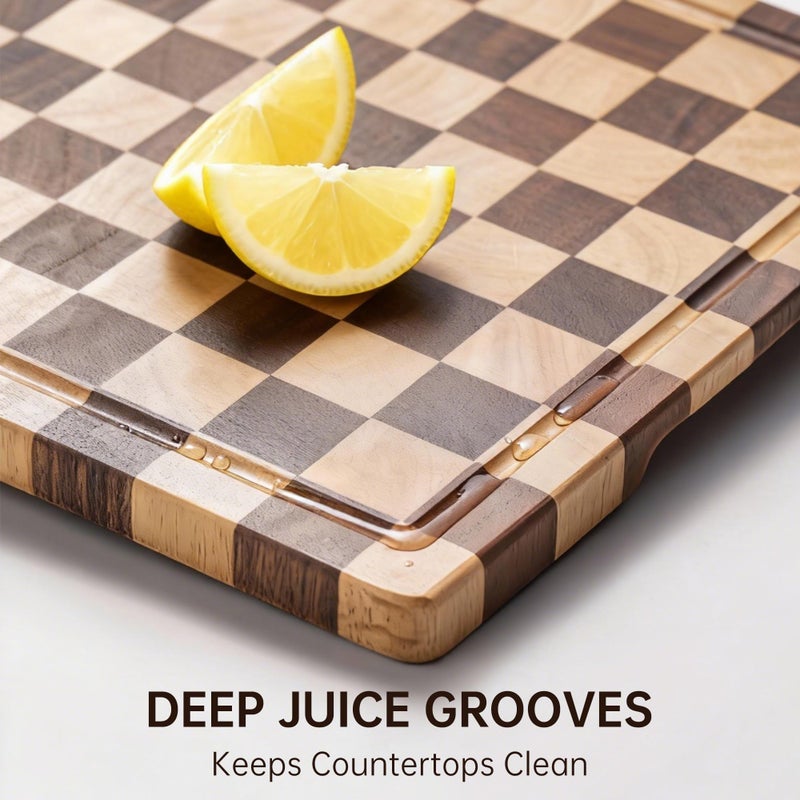 Fyctio Checkerboard Cutting Board, Wooden Cutting Boards for Kitchen, End Grain Wood Cutting Board with Juice Groove, Serving Tray for Meat, Vegetables, Fruits, Bread, Cheese, 14" X 11" X 0.8" - Image 4