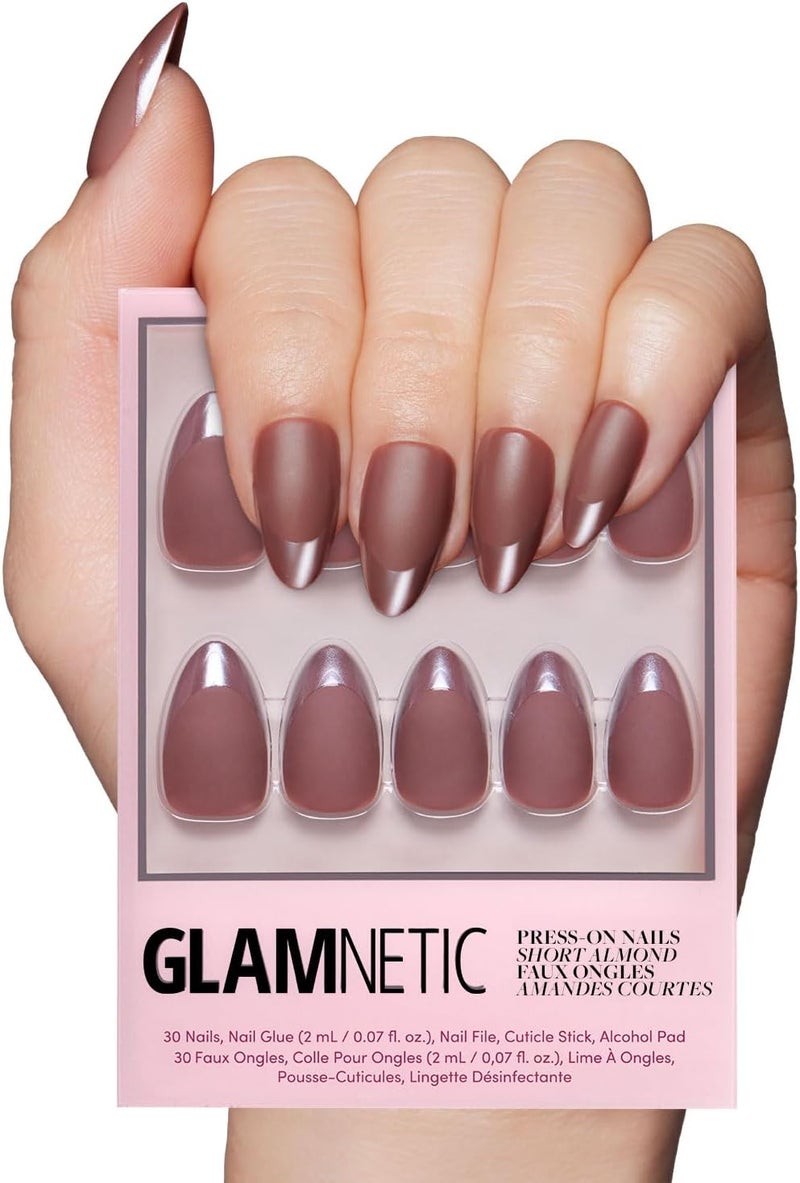Glamnetic Certified stocked merchandise Press On Nails - Terra | Short Almond Dark Brown Nails with Glossy French Tips in a Matte Finish | 15 Sizes - 30 Nail Kit with Glue Budget friendly sizing alternatives - Image 1