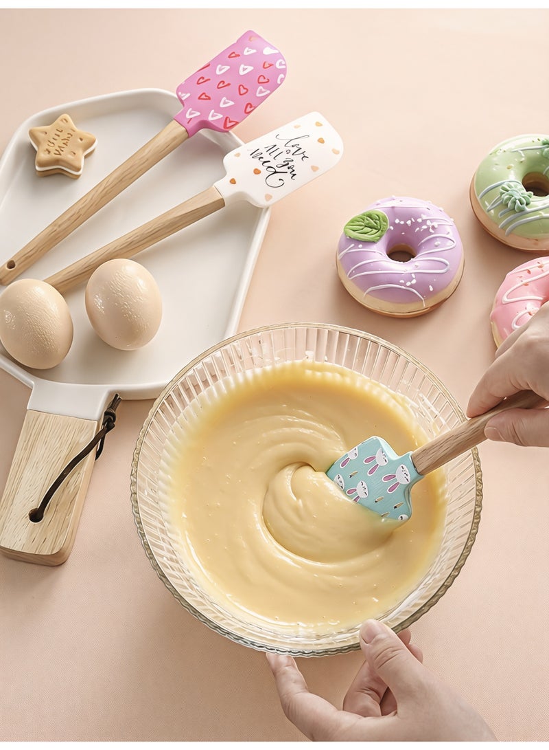 ‏Aura Style Set of 3 Mini Silicone Spatulas with Wooden Handle And Cute Rabbit And Heart Design - Heat Resistant Up to 428F, Non-Stick Scraping & Baking Tools - Ideal Gift for Baking Enthusiasts - Image 3
