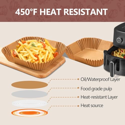 RECLUSE 200 Pcs Disposable Air Fryer Liner Square Oil-Proof Parchment Paper Liners Water-Proof Air- Fryer Food Grade Baking Paper for Frying, Cooking, Roasting and Microwave Ideal for Healthy Cooking - Image 5