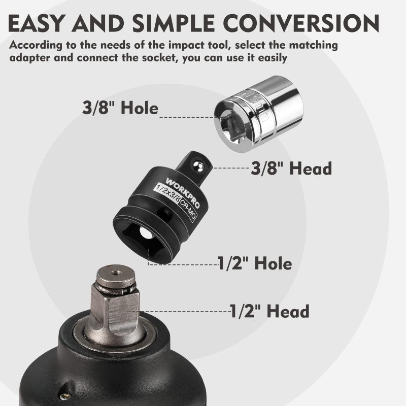 WORKPRO 4-Piece Impact Socket Adapter and Reducer Set, 1/4", 3/8", 1/2" Drive Socket Adapter Set, Impact Driver and Wrench Conversion Kit, Socket Reducer, Premium CR-MO Steel Made - Image 5
