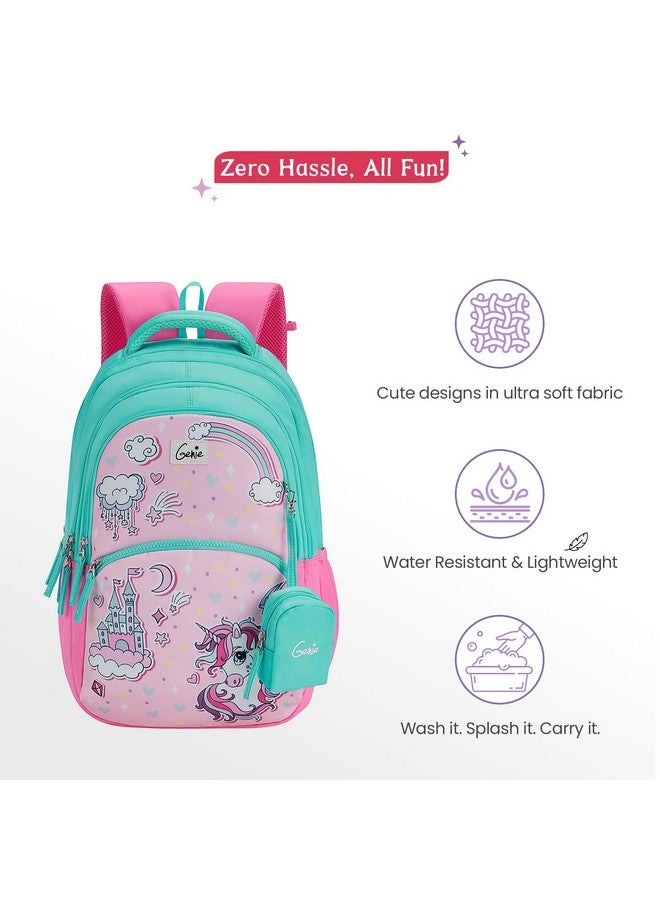 Genie حقيبة ظهر جيني ستارديو للبنات | 17 إنش - 27 لتر مع ثلاثة أقسام، جيوب جانبية ووزن خفيف مع أكتاف مبطنة | الأفضل للكتب، القرطاسية، صندوق الغداء والضروريات - وردي - Image 3