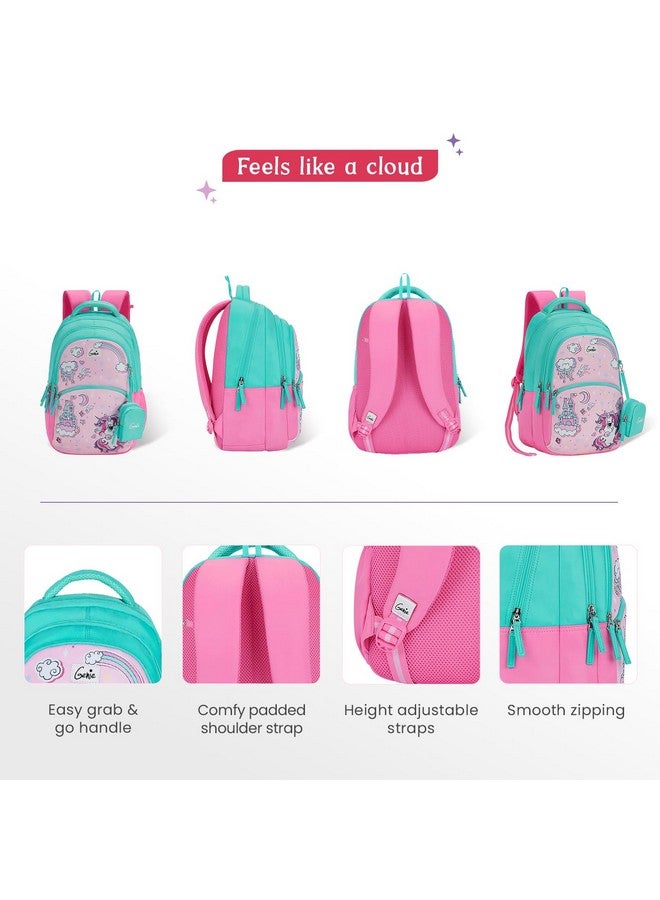 Genie حقيبة ظهر جيني ستارديو للبنات | 17 إنش - 27 لتر مع ثلاثة أقسام، جيوب جانبية ووزن خفيف مع أكتاف مبطنة | الأفضل للكتب، القرطاسية، صندوق الغداء والضروريات - وردي - Image 2