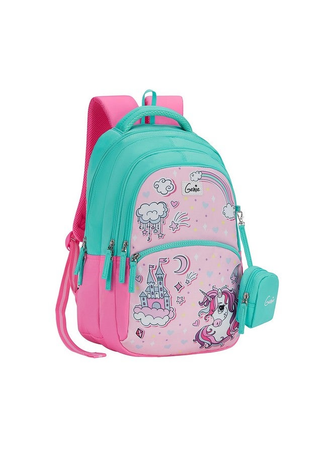 Genie حقيبة ظهر جيني ستارديو للبنات | 17 إنش - 27 لتر مع ثلاثة أقسام، جيوب جانبية ووزن خفيف مع أكتاف مبطنة | الأفضل للكتب، القرطاسية، صندوق الغداء والضروريات - وردي - Image 1