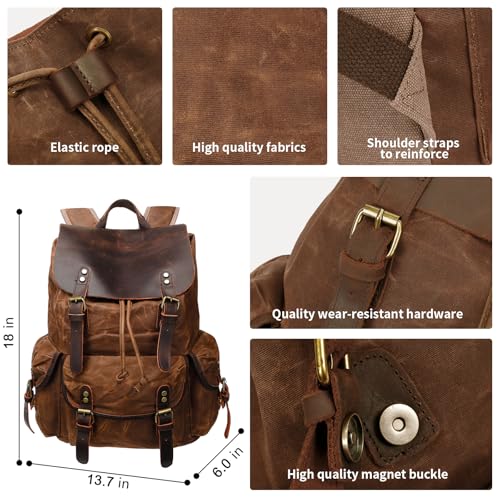 HuaChen Leather Backpack, Vintage Waxed Canvas Rucksack for Travel & Work, Casual Daypack for Men - M80 Brown - Image 3