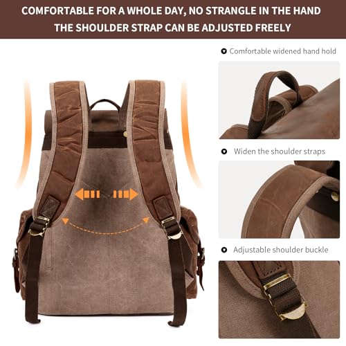 HuaChen Leather Backpack, Vintage Waxed Canvas Rucksack for Travel & Work, Casual Daypack for Men - M80 Brown - Image 5