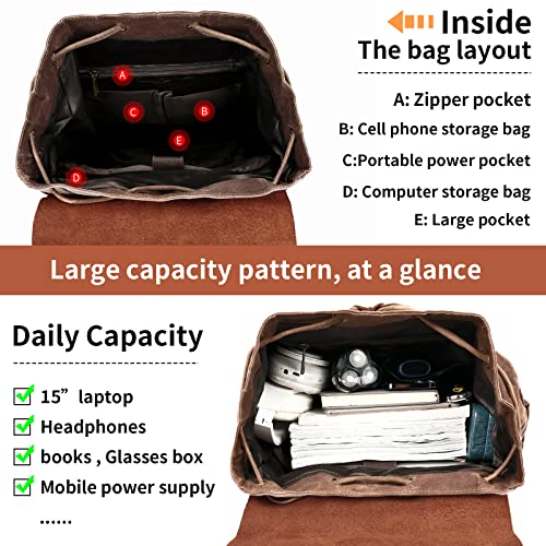 HuaChen Leather Backpack, Vintage Waxed Canvas Rucksack for Travel & Work, Casual Daypack for Men - M80 Brown - Image 4