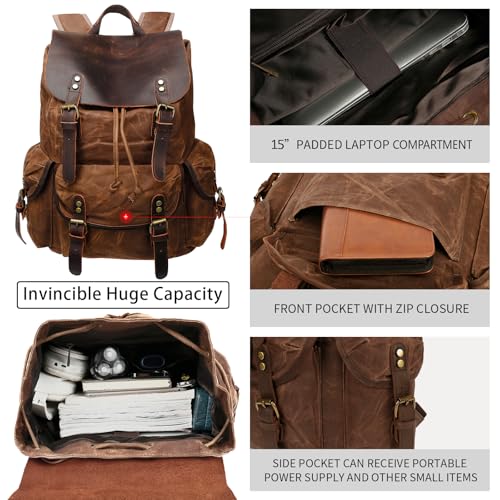 HuaChen Leather Backpack, Vintage Waxed Canvas Rucksack for Travel & Work, Casual Daypack for Men - M80 Brown - Image 2