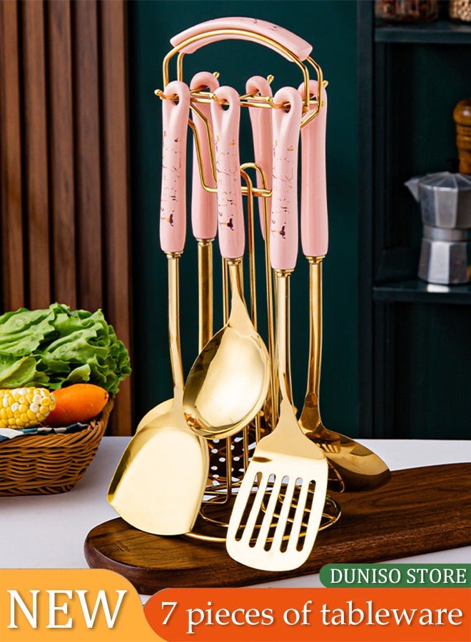 DUNISO 7 Pieces of Cooking utensil set, stainless steel kitchen supplies set, with storage rack and ceramic handle, mirror polished, heat resistant, easy to clean, pink - Image 1