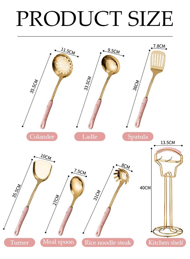 DUNISO 7 Pieces of Cooking utensil set, stainless steel kitchen supplies set, with storage rack and ceramic handle, mirror polished, heat resistant, easy to clean, pink - Image 2