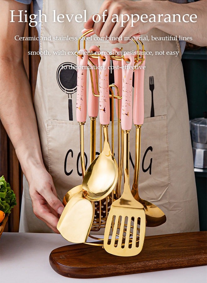 DUNISO 7 Pieces of Cooking utensil set, stainless steel kitchen supplies set, with storage rack and ceramic handle, mirror polished, heat resistant, easy to clean, pink - Image 3