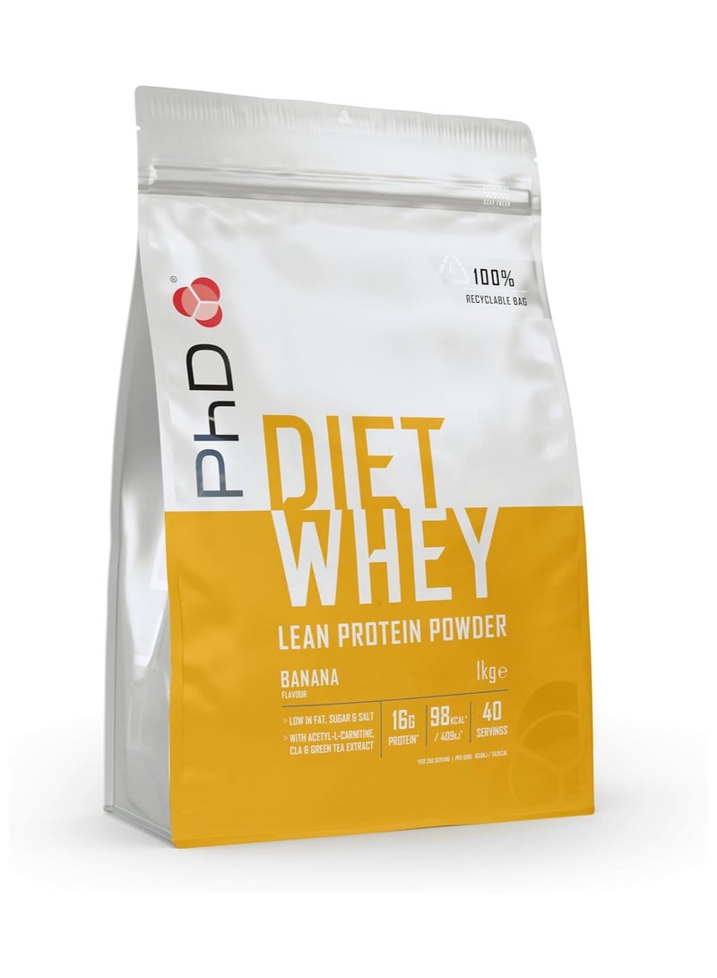 PhD Diet Whey Lean Protein Powder, 20g Protein, 125 Calories, Low Sugar, Added Acetyl L-Carnitine and Green Tea Extract, Banana Flavour, 1kg, 31 Servings - Image 1