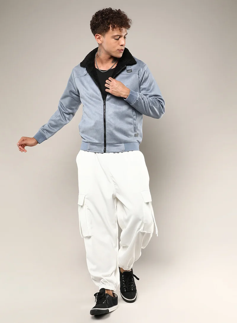 Campus Sutra Men's Grey Zip-Front Jacket With Fleece Detail