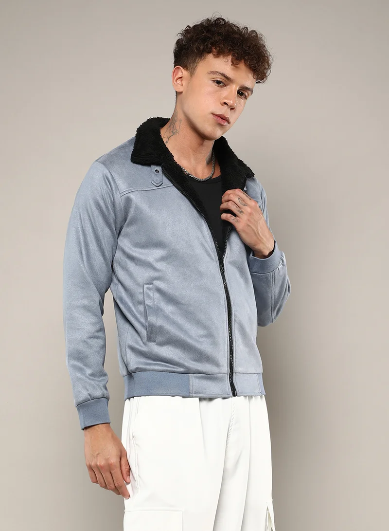 Campus Sutra Men's Grey Zip-Front Jacket With Fleece Detail